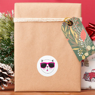 Sticker Rond Visage de chat cool avec lunettes de soleil roses 