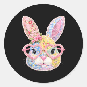Sticker Rond Visage de lapin drôle Gles Patchwork floral Lapin