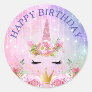 Sticker Rond Visage de licorne mignon et fleurs roses pour anni