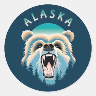 Sticker Rond Visage de l'ours grizzli - Alaska Wildlife