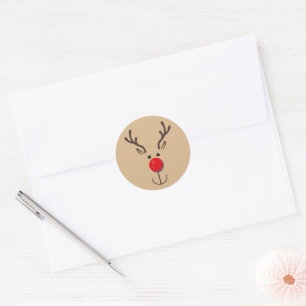 Sticker Rond Visage minimaliste de rennes mignonne Brown
