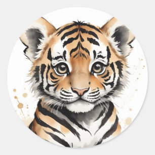 Sticker Rond Visage minimaliste de tigre de bébé en encre et aq