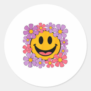 Sticker Rond Visage Souriant Fleur de Daisy Rétro Heureux Esthé
