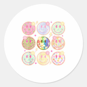 Sticker Rond Visage Souriant Rétro Groovy Fleur Visage Heureux 