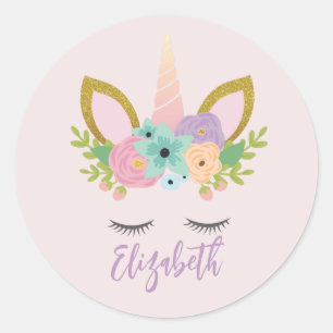 Sticker Rond Visage Unicorne avec cils Nom personnalisé