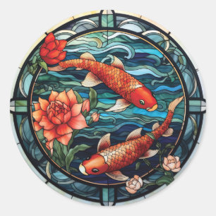 Sticker Rond Vitrail asiatique style Koi Poisson et Camellias