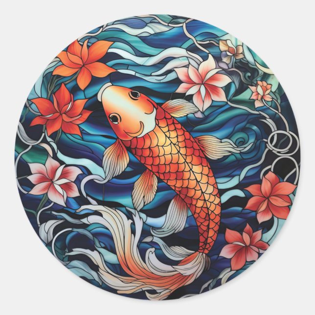 Sticker Rond Vitrail asiatique style Koi Poisson et Camellias (Devant)