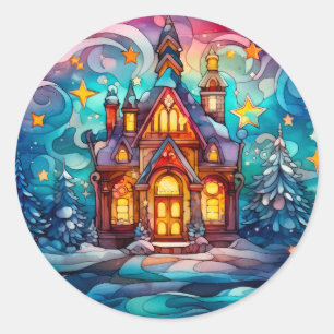 Sticker Rond Vitrail coloré Arbre de Noël et Maison
