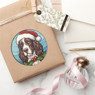 Sticker Rond Vitrail de Noël English Springer Spaniel