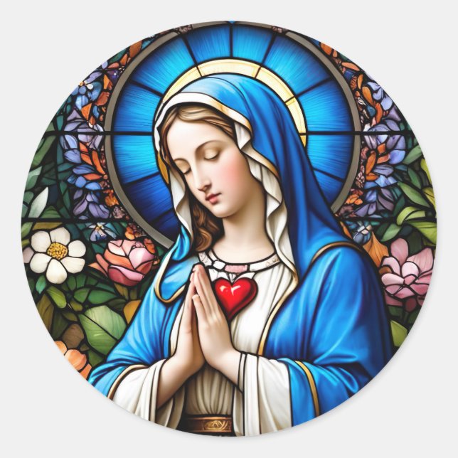 Sticker Rond Vitrail de Vierge Marie catholique chrétienne (Devant)