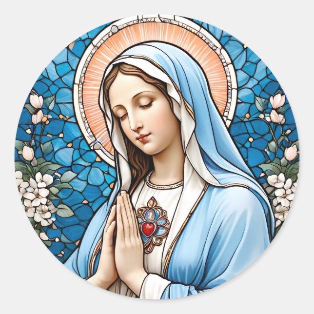 Sticker Rond Vitrail de Vierge Marie catholique chrétienne (Devant)