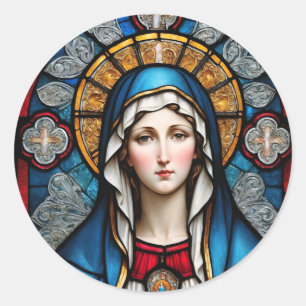 Sticker Rond Vitrail de Vierge Marie catholique chrétienne