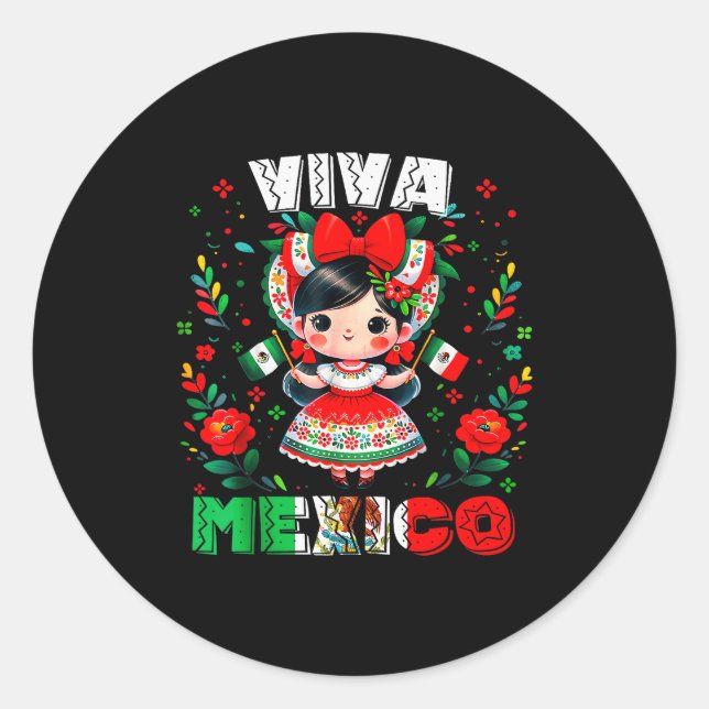 Sticker Rond Viva Mexico Mexican Girl Flag Independence Day Gir (Devant)