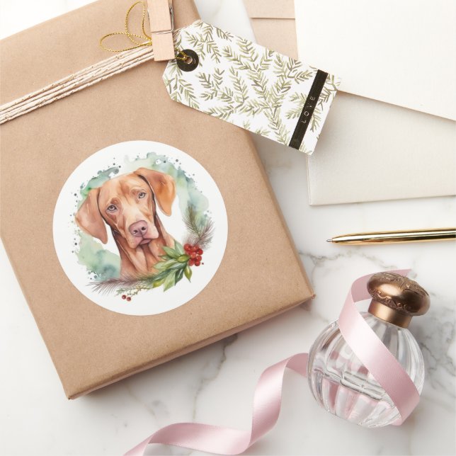 Sticker Rond Vizsla Christmas Wreath Festive Pup (Cadeaux)