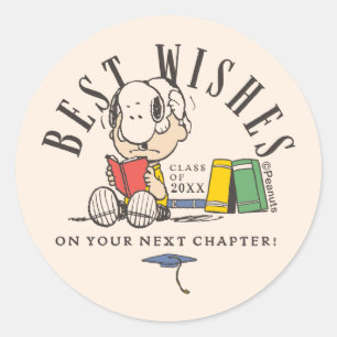 Sticker Rond Vœux de fin d'études Peanuts Snoopy lisant