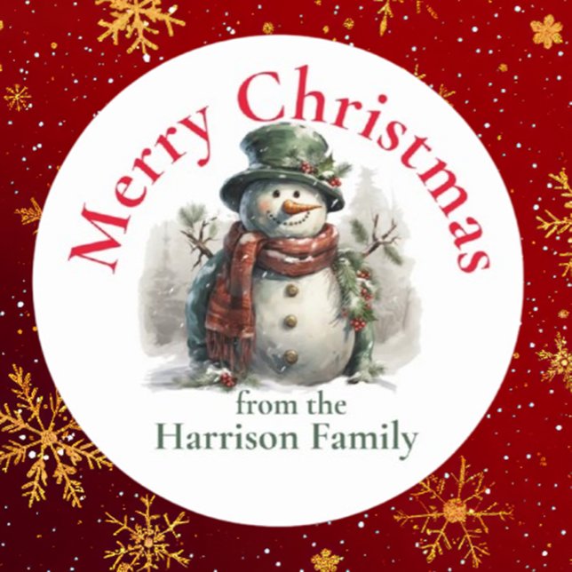 Sticker Rond Voeux de Noël Snowman personnalisés (Spread joy this holiday season with Brett's Personalized Snowman Christmas Wishes sticker. )