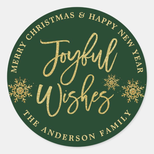Sticker Rond Voeux Joyeux Green & Faux Gold Holiday (Devant)