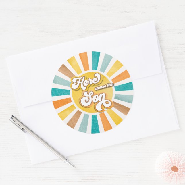 Sticker Rond Voici le Baby shower garçon Son Boho Sunshine (Enveloppe)