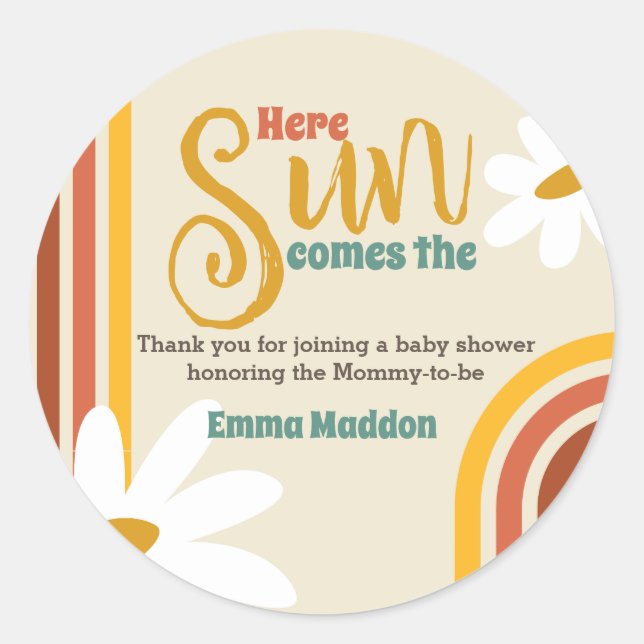 Sticker Rond Voici le soleil Retro Baby shower Invitation (Devant)