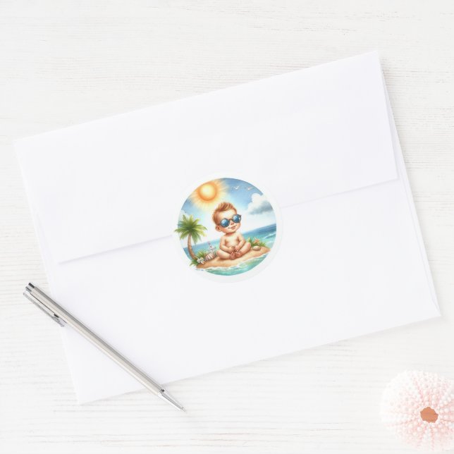 Sticker Rond Voici venir le fils Fête prénatale tropicale (Enveloppe)
