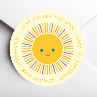 Sticker Rond Voici venir le Fils Soleil Garçon Baby Shower