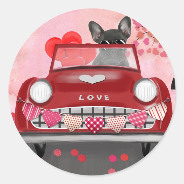 Sticker Rond Voiture Bulldog française avec Coeurs Saint-Valent (Devant)