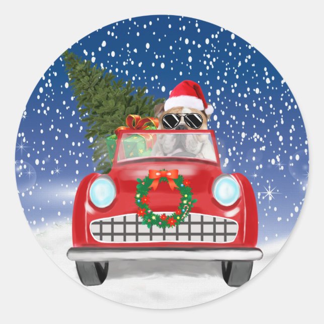 Sticker Rond Voiture De Conduite De Bulldog Anglais En Noël De  (Devant)