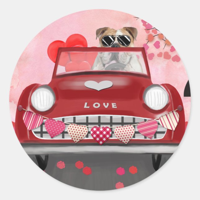 Sticker Rond Voiture de conduite de Bulldog avec Coeurs Valenti (Devant)