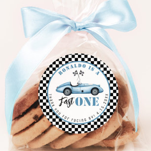 Sticker Rond Voiture de course Fast One Blue Boy Merci d'annive