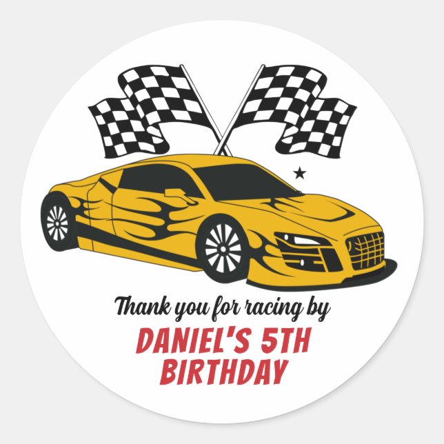 Sticker Rond Voiture de course Jaune pour enfants garçons fête  (Devant)