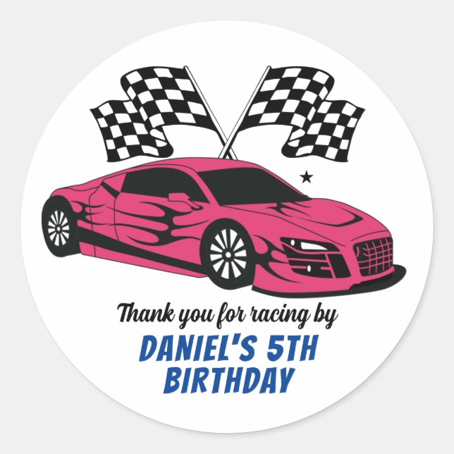Sticker Rond Voiture de course rose pour enfants garçons filles (Devant)