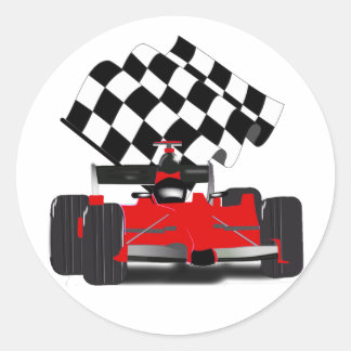Sticker Rond Voiture de course rouge avec drapeau à damier