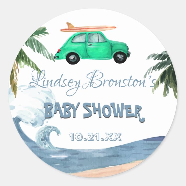 Sticker Rond Voiture de surf Cocout Tree Blue Beach Baby shower (Devant)