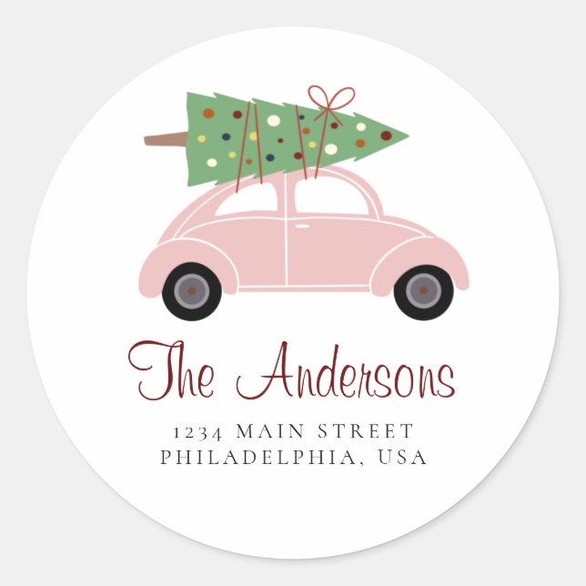 Sticker Rond Voiture de vacances rose avec arbre de Noël Adress (Devant)