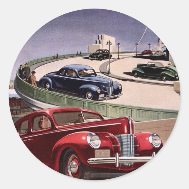 Sticker Rond Voitures d'époque, Voyage sur la route des berline (Devant)