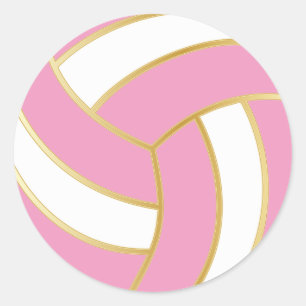 Sticker Rond Volley-ball rose, or et blanc