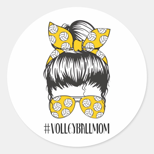 Sticker Rond Volleyball Maman Messy Bun Funny Volley Mama (Devant)