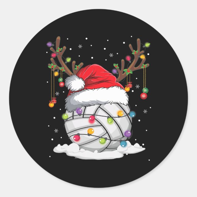 Sticker Rond Volleyball Santa Hat Reindee lumières de Noël Amus (Devant)