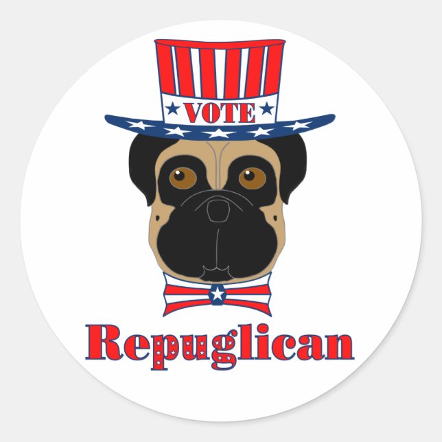 Sticker Rond Vote rePUGlican Funny Carlin en Casquette blanc ro (Devant)