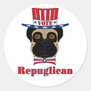 Sticker Rond Vote rePUGlican Funny Carlin en Casquette blanc ro