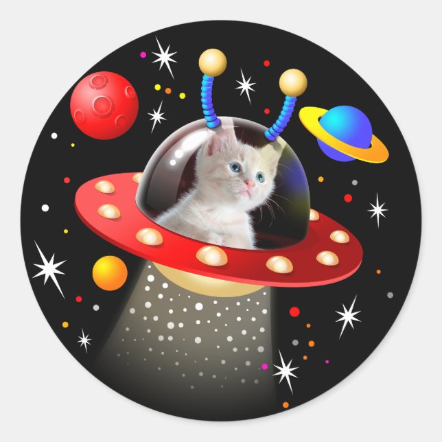 Sticker Rond Votre chat dans une soucoupe volante UFO SciFi (Devant)