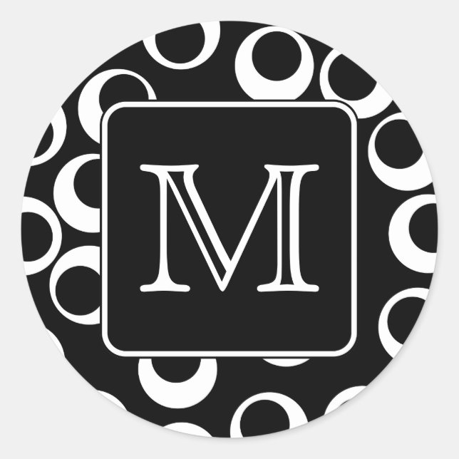 Sticker Rond Votre Lettre. Monogramme noir et blanc. Motif amus (Devant)