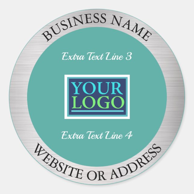 Sticker Rond Votre Logo Bus. Promo, Info, Métal Argent & Turquo (Devant)