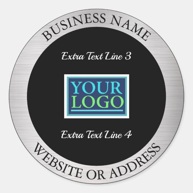 Sticker Rond Votre Logo Promo, Info, Métal Argent/Noir (Devant)