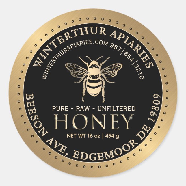 Sticker Rond Votre nom ici Editable Gold Bee Honey sur Black (Devant)