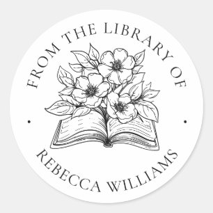 Sticker Rond Votre nom Livre & Fleurs Ex Libris Plaque d'accuei