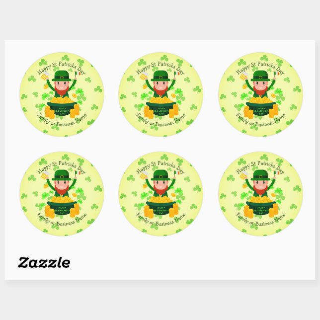 Sticker Rond Votre nom Message Jour de la Saint Patrick Leprech (Feuille)
