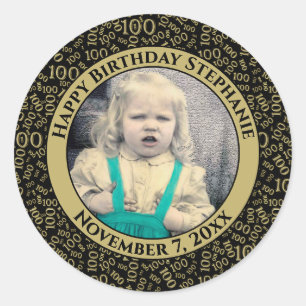 Sticker Rond Votre photo 100e Motif d'anniversaire   Noir/Or