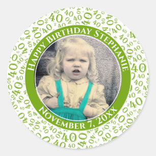 Sticker Rond Votre photo 40e Motif de numéro aléatoire vert