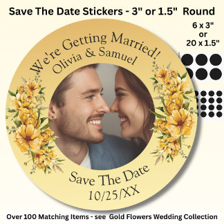 Sticker Rond Votre photo & noms, sauvegardez la date, jaune dor